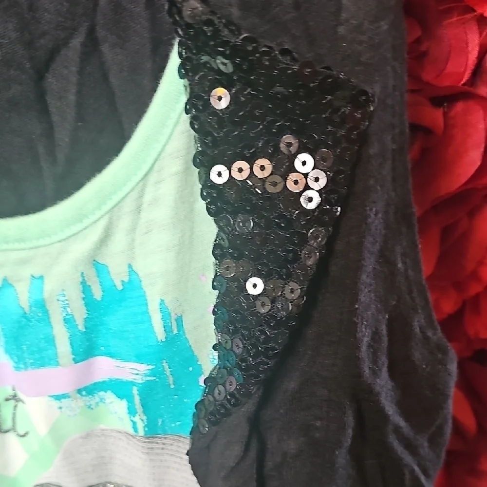 Justice Black & Green Sequin Graphic Glitter Tank Top Size 10